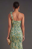 Mermaid Floral Dusty Green One Shoulder Long Formal Dress