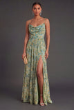 A Line Floral Dusty Green Long Formal Dress with Slit
