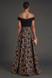 Black Floral A Line Off the Shoulder Long Formal Dress