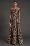 Black Floral A Line Ruched Long Formal Dress