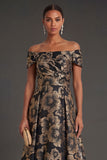 Black Floral A Line Ruched Long Formal Dress