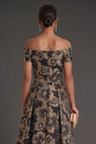 Black Floral A Line Ruched Long Formal Dress