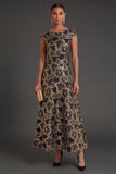 A Line Black Round Neck Floral Long Formal Dress