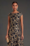 A Line Black Round Neck Floral Long Formal Dress