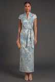 Blue Floral Jacquard V Neck Sheath Long Wedding Guest Dress