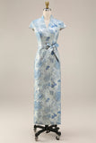 Blue Floral Jacquard V Neck Sheath Long Wedding Guest Dress