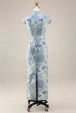 Blue Floral Jacquard V Neck Sheath Long Wedding Guest Dress
