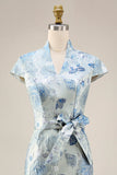 Blue Floral Jacquard V Neck Sheath Long Wedding Guest Dress