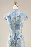 Blue Floral Jacquard V Neck Sheath Long Wedding Guest Dress