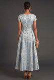 Jacquard Blue Floral A Line Long Formal Dress