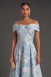 Off the Shoulder Jacquard Blue Floral A Line Long Formal Dress