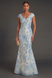 Mermaid Jacquard Blue Floral Long Formal Dress