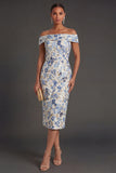 Dusty Blue Floral Off the Shoulder Sheath Midi Formal Dress