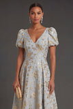 Puff Sleeves A Line Floral Dusty Blue Long Formal Dress