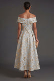 Off the Shoulder A Line Floral Dusty Blue Long Formal Dress