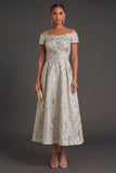 Off the Shoulder A Line Floral Dusty Blue Long Formal Dress
