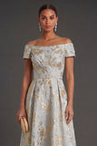 Off the Shoulder A Line Floral Dusty Blue Long Formal Dress