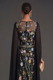 Black Floral Sheath Embroidered Long Formal Dress