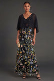Black Floral Embroidered Long Formal Dress with Cape