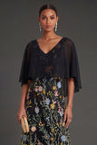 Black Floral Embroidered Long Formal Dress with Cape