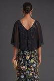 Black Floral Embroidered Long Formal Dress with Cape