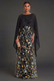 Black Floral Round Neck Long Formal Dress with Cape