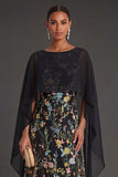 Black Floral Round Neck Long Formal Dress with Cape