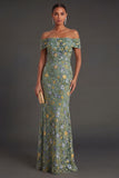 Green Floral Mermaid Off the Shoulder Long Formal Dress