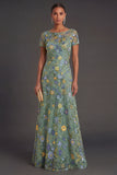 Illusion Neck Green Floral Sheath Long Formal Dress