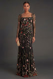Black Floral Sheath Square Neck Long Formal Dress