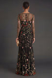 Black Floral Sheath Square Neck Long Formal Dress