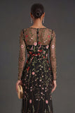 Black Floral Sheath Square Neck Long Formal Dress
