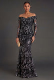 Sparkly Black Sheath Floral Long Formal Dress