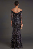 Sparkly Black Sheath Floral Long Formal Dress