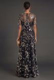 Short Sleeves Black Sheath Floral Long Formal Dress