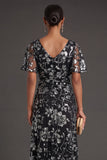 Ruched Short Sleeves Black Sheath Floral Long Formal Dress