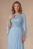 Light Blue A Line Appliqued Long Mother of the Bride Dress with Cape