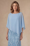 Round Neck Light Blue A Line Long Mother of the Bride Dress with Cape
