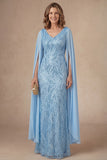 V Neck Light Blue A Line Long Mother of the Bride Dress with Cape