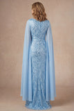 V Neck Light Blue A Line Long Mother of the Bride Dress with Cape