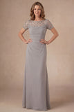 Grey Sheath Ruched Long Mother of the Bride Dress