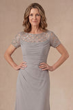Grey Sheath Ruched Long Mother of the Bride Dress