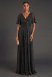 Black Sheath V Neck Short Sleeves Long Formal Dress