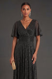 Black Sheath V Neck Short Sleeves Long Formal Dress
