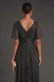Black Sheath V Neck Short Sleeves Long Formal Dress