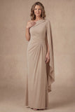 Champagne One Shoulder Ruched Long Mother of the Bride Dress
