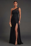Black Ruched One Shoulder Mermaid Long Formal Dress with Slit