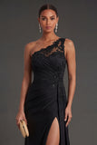 Black Ruched One Shoulder Mermaid Long Formal Dress with Slit