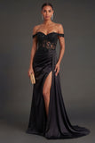 Black Corset Off the Shoulder Ruched Long Prom Dress with Slit