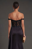 Black Corset Off the Shoulder Ruched Long Prom Dress with Slit